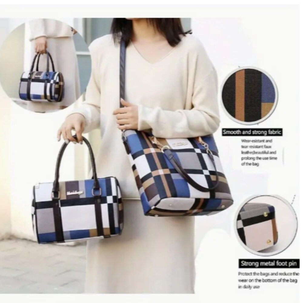 Blue Plaid Leather 6pcs Women's Handbag Set - Picture 3 of 14
